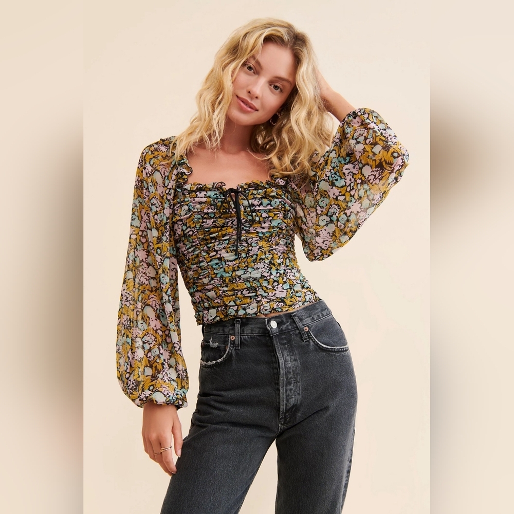 Free People Top, Size XL, Mabel Floral Print, Ruched & Smocked, Sheer Sleeves